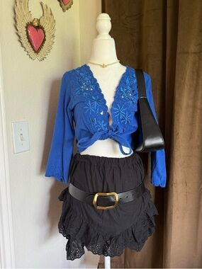 Graft by UM Company Balletcore Blue Tie-Front Cardigan Soft Floral Bolero